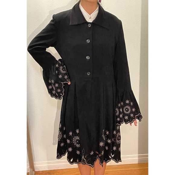 Black Coat Dress With Embroidered Trim - Picture 2 of 6